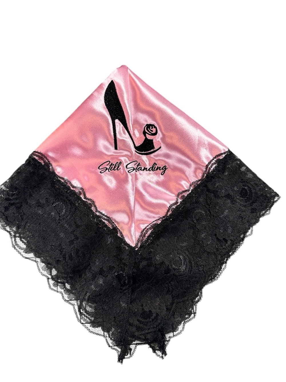 Pink Satin Embroidered Still Standing Church Handkerchief Black Lace Trim